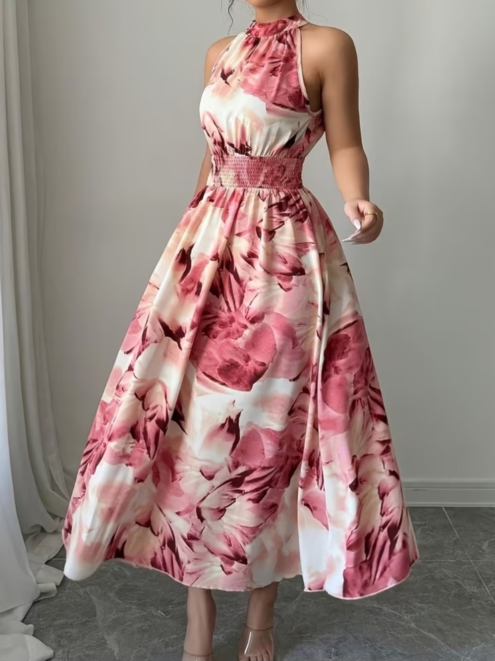 Halter Floral Midi Dress in Pink - Elegant Summer Dress